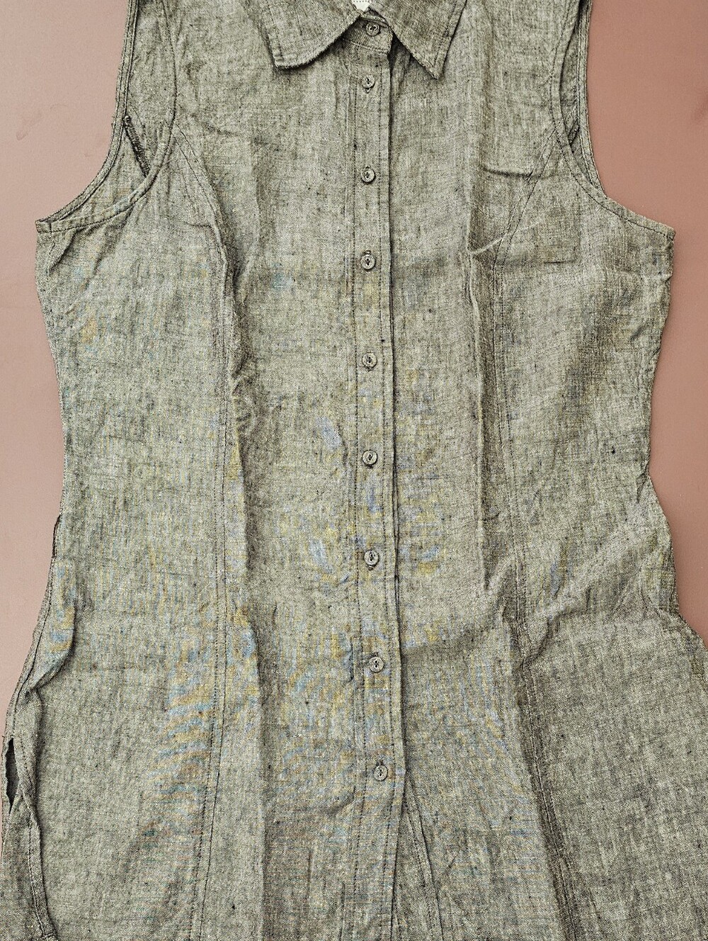 One Touch Germany 100% Linen Y2K Sleeveless Button Front Grey Long Top Size 38